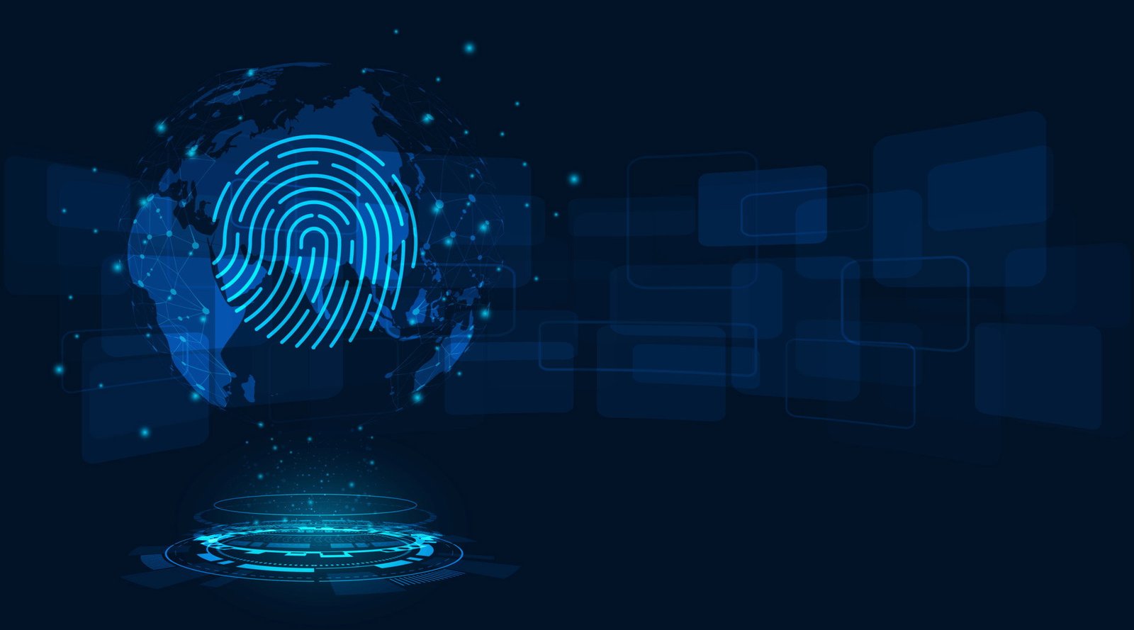 Fingerprint identity sensor data protection system podium hologram blue light and concept free vector